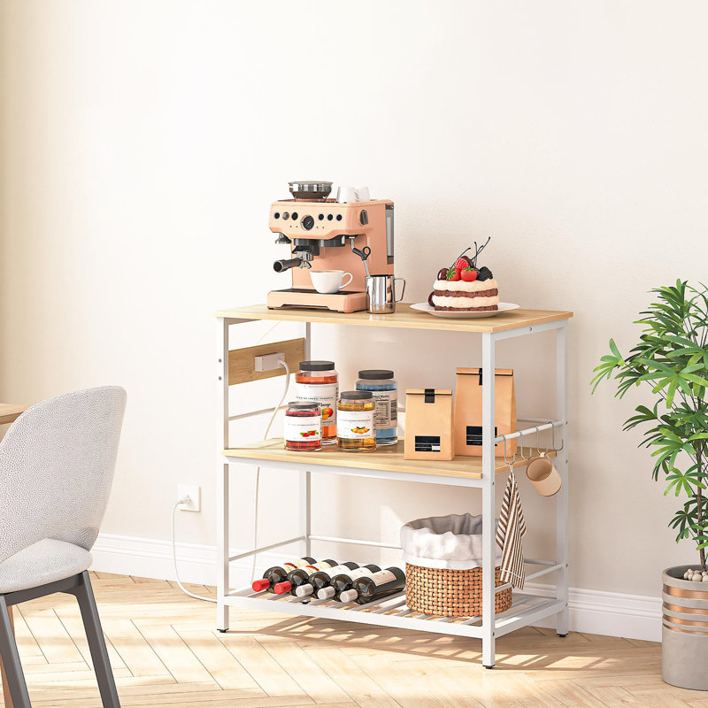 Îlot de cuisine avec plateau en bois manufacturé Tamathy, Blanc / Naturel