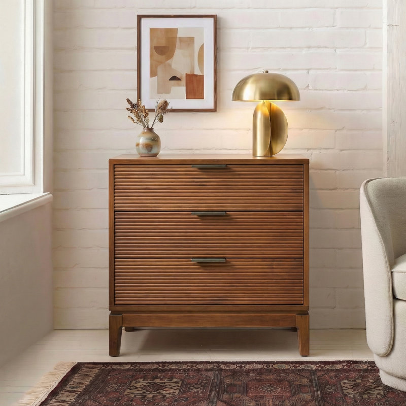 Kirk Mid-Century Modern 28"W 3-Drawer End Table with Charging Station, Acorn