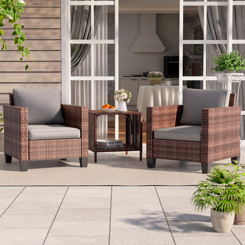 3 Piece Patio Conversation Set with Cushion, Brown, Gray