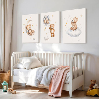 Teddy Bear Nursery Wall Art Decor Baby Boy Girl Room Poster Vintage Nursery Canvas Wall Decor Toddler Kids Room Pictures Cute Bear Neutral Artwork for Bedroom Playroom 12x16x3 Inch Wrapped Canvas