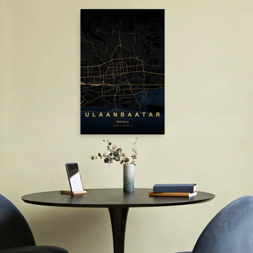 Golden Ulaanbaatar Map Abstract Geometric Minimalist City Wall Art Print