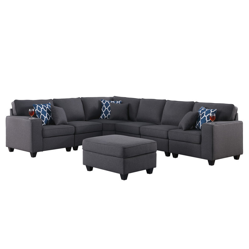 Canapé modulaire réversible en lin gris foncé 7 pièces avec porte-gobelets, hauteur du dossier 18 po, hauteur des accoudoirs 24,25 po, pieds en plastique brun 3,25 po