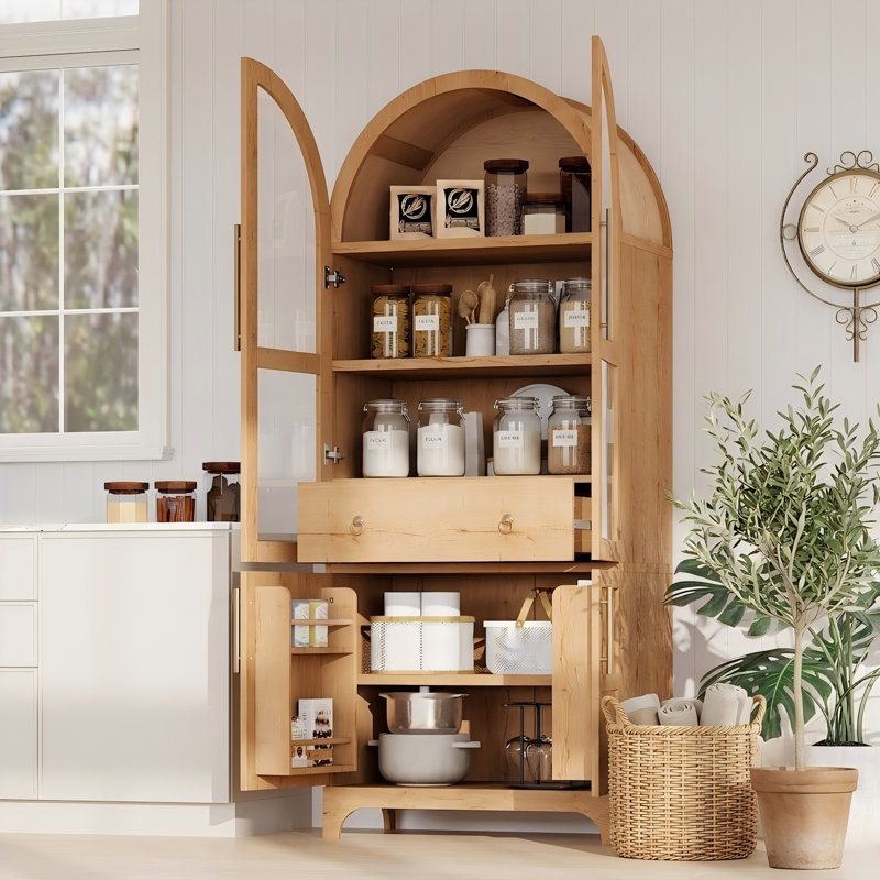 Grand garde-manger arqué 71 po avec porte vitrée et 4 tablettes, Natural
