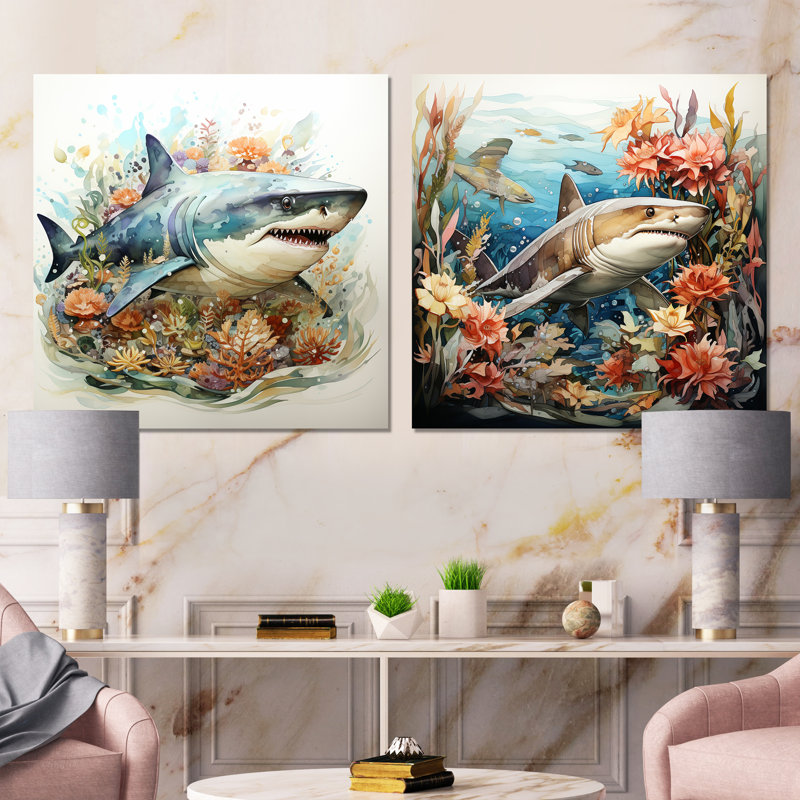 Ensemble de 2 décorations murales Curious Shark Ocean Blooms I - Shark, Toile tendue, H 16 po x l 33 po x P 1 po