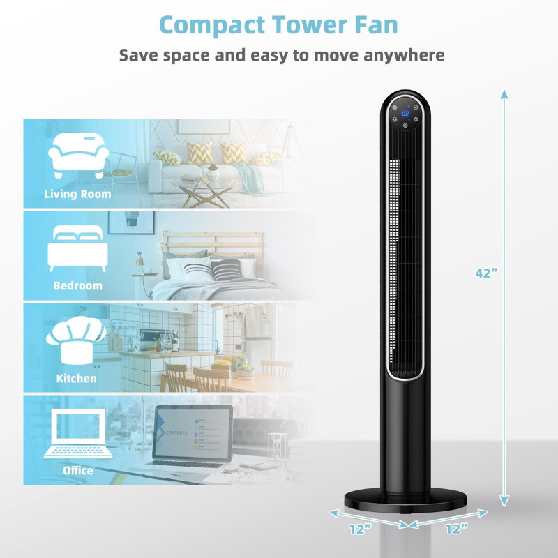 Ventilateur tour Giantex avec télécommande, ventilateur silencieux avec 3 modes de vent, panneau de commande à DEL, ventilateur portatif sans lame pour le bureau de la chambre à coucher, noir