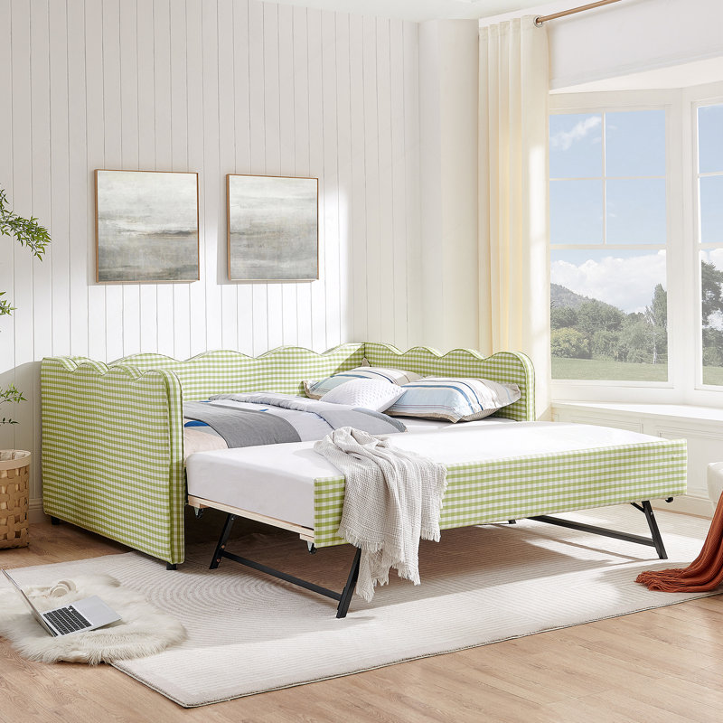 Lit de jour double en vichy double avec couchette simple sans sommier, avec port USB et adorable tissu en forme de vague