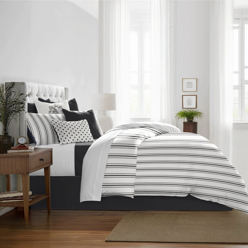 August Stripe Reversible Cotton Duvet Cover Set, Cal.King Duvet Cover + 2 King Shams, Ebony