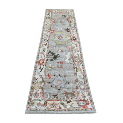 Tapis de couloir gris en laine noué à la main 2 pi 7 po x 9 pi 8 po Kashmir