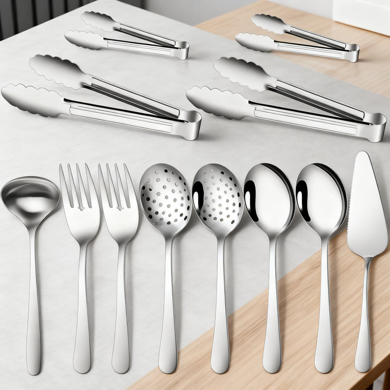 Ensemble d'ustensiles de service 12 pièces en acier inoxydable avec cuillères, fourchettes, pinces, louche et pelle à gâteau pour le buffet et la maison, allant au lave-vaisselle