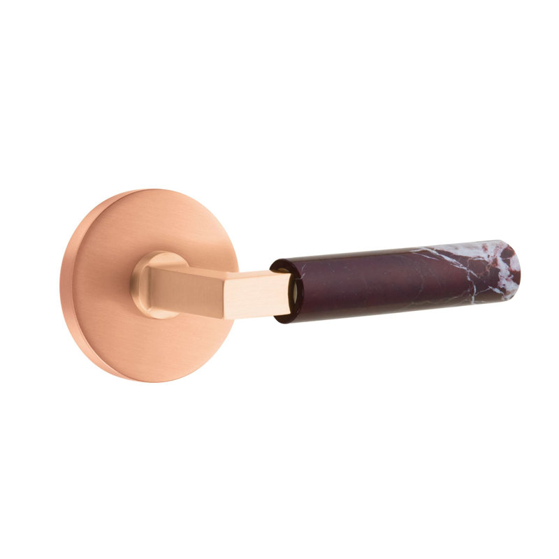 Ensemble de leviers d'intimité Emtek Select avec rosette à disque et tige carrée en L, levier en marbre Rosso Levanto (CF)