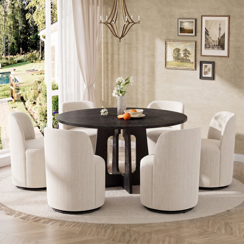 Ensemble de salle à manger moderne de 5 pièces avec des chaises pivotantes rondes en lin beige rembourrées et à roulettes