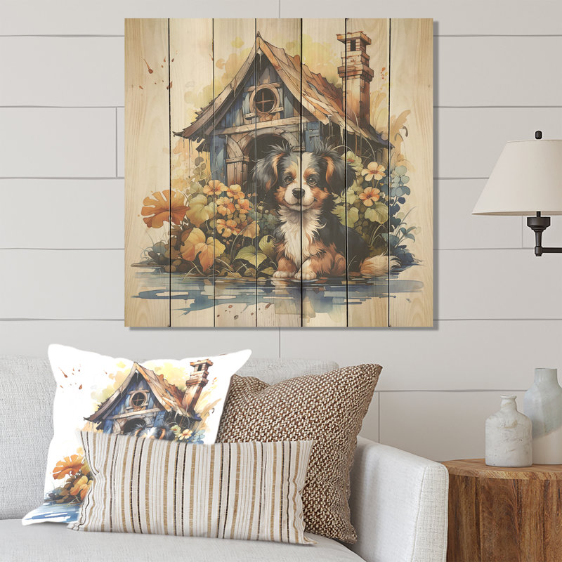 «Puppy Doghouse Blooms II» - impression sur bois, H 30 po x l 30 po