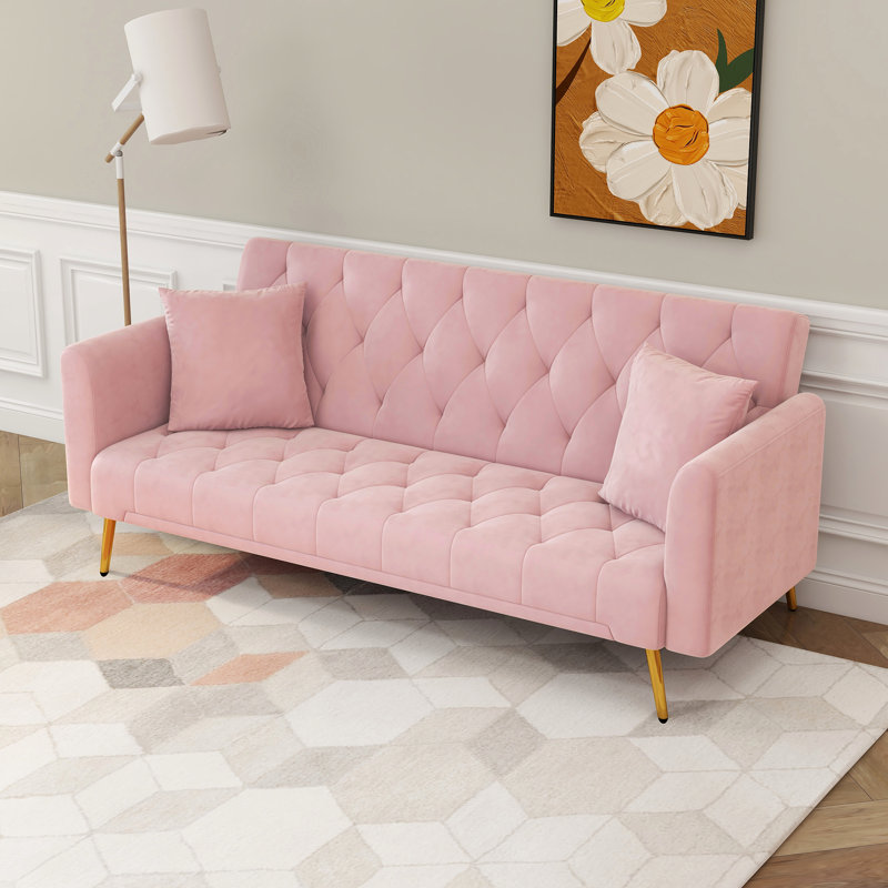 Linndale Modern 71.2” Velvet Couch Folding Tufted Sofa Bed for Living Room and Bedroom, Pink