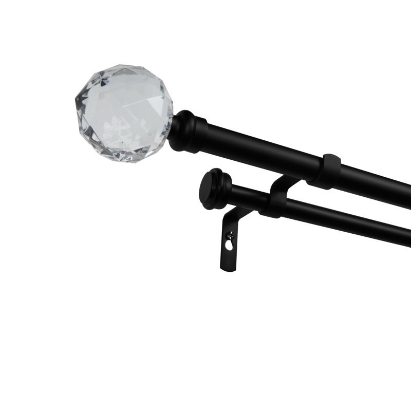 Matte Black Adjustable Double Curtain Rod with Crystal Finials