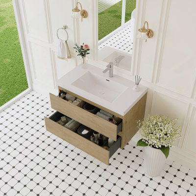 Meuble-lavabo flottant avec lavabo, armoire de rangement murale, plateau à surface solide, tiroirs à fermeture en douceur pour une utilisation organisée dans la salle de bain