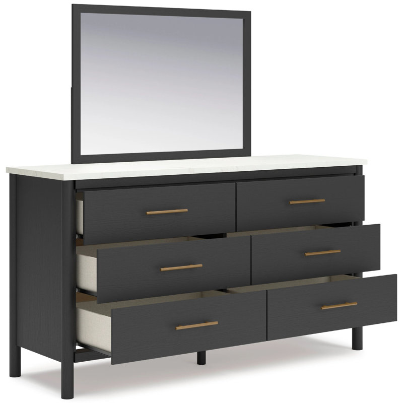 Mooran 2Pc Dresser Mirror Set, 6 Drawer, Matte Black, White Faux Marble, White/Matte Black