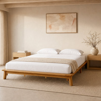Japanese Bed Frame Queen, Solid Rubberwood Platform Bed with Floating Low-Profile Frame, Tool-Free Assembly, Scandinavian-Japanese Style, Natural Oak
