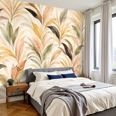 Peel and Stick Wall Mural Abstract Floral Soft Pastel Leaves Brushstroke Accents 69"H x 96"W Self Adhesive Wallpaper for Bedroom for Home Wall Decor