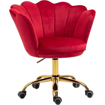ZOBIDO Comfy Home Office Task Chair with Wheels, Cute Modern Upholstered Velvet Seashell Back Adjustable Swivel Vanity Desk Chair, for Women, for Girls, Living Room(Wine red