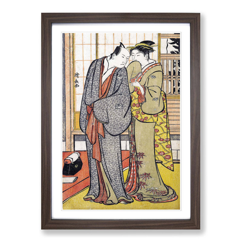 Ichikawa Yaozo III with a Lady by Torii Kiyonaga - Picture Frame Painting Print, 36cm H x 27cm W x 2cm D, Walnut Framed