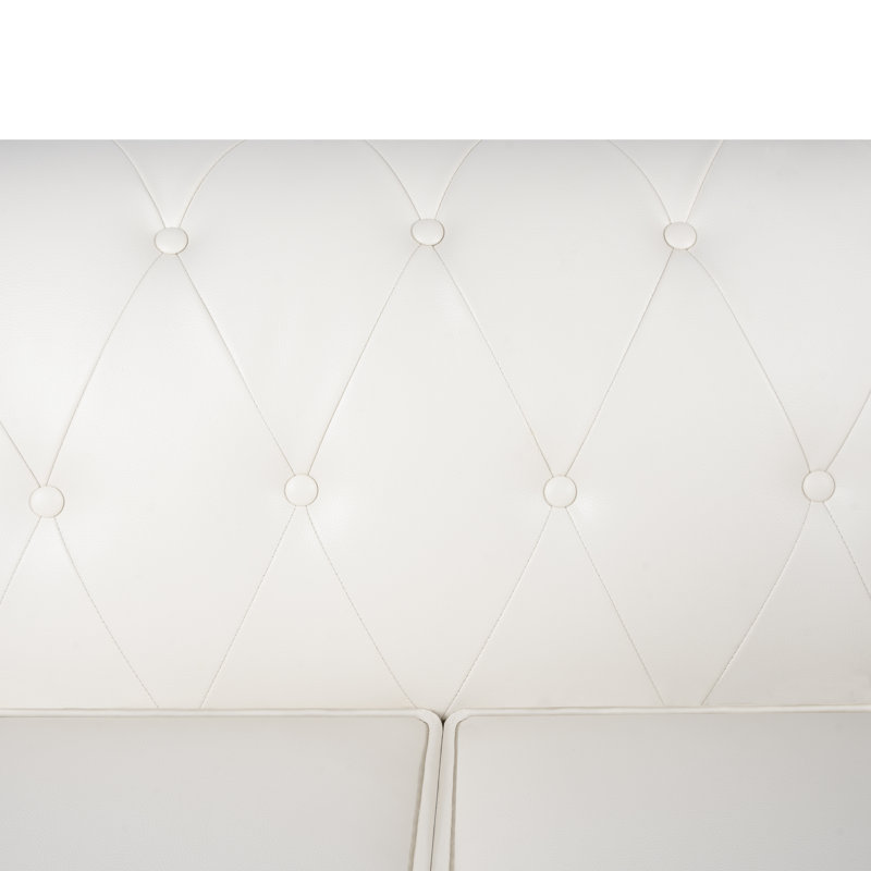 Causeuse en cuir Mythili Chesterfield, causeuse à accoudoirs roulés, canapé avec pieds en bois, Blanc