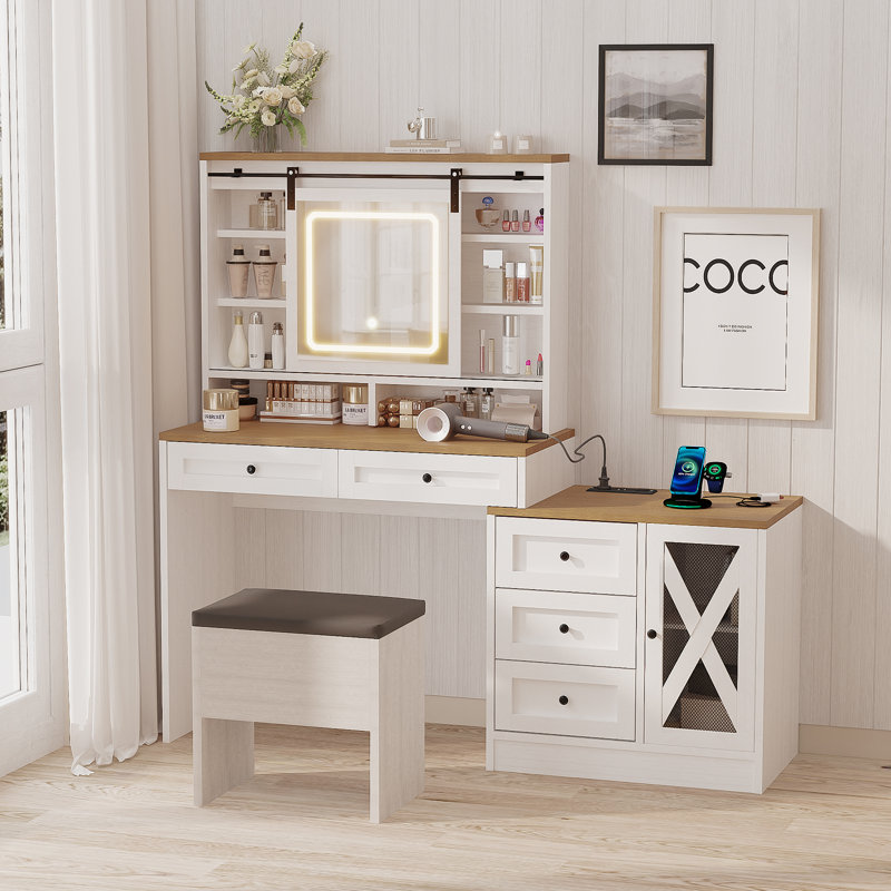 Modern with LED Lighted Mirror and Built-in 3-mode Lighting 3 Drawer Dresser with Stool and Side Cabinet