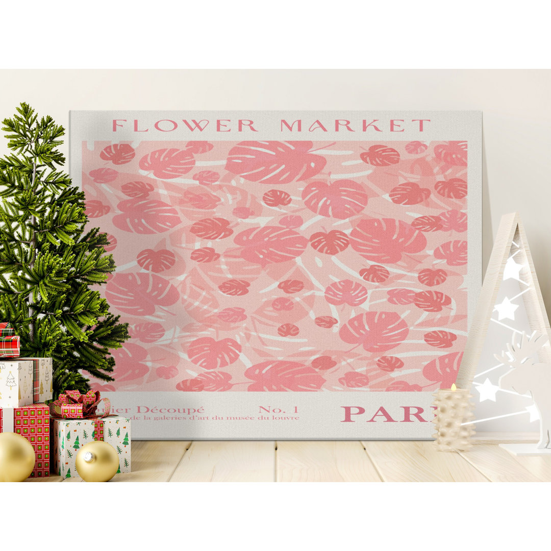 Flower Market Canvas Wall Art, Parisian Decor, Gallery Wrapped, Ready to Hang, Pink Monstera Leaf Print, Modern Home Decor, Archival Quality