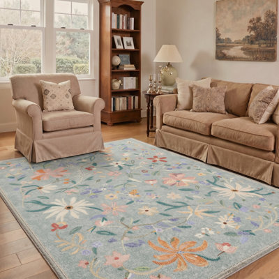 Tapis bleu / vert à motif floral lavable à la machine avec envers antidérapant Abrahamson