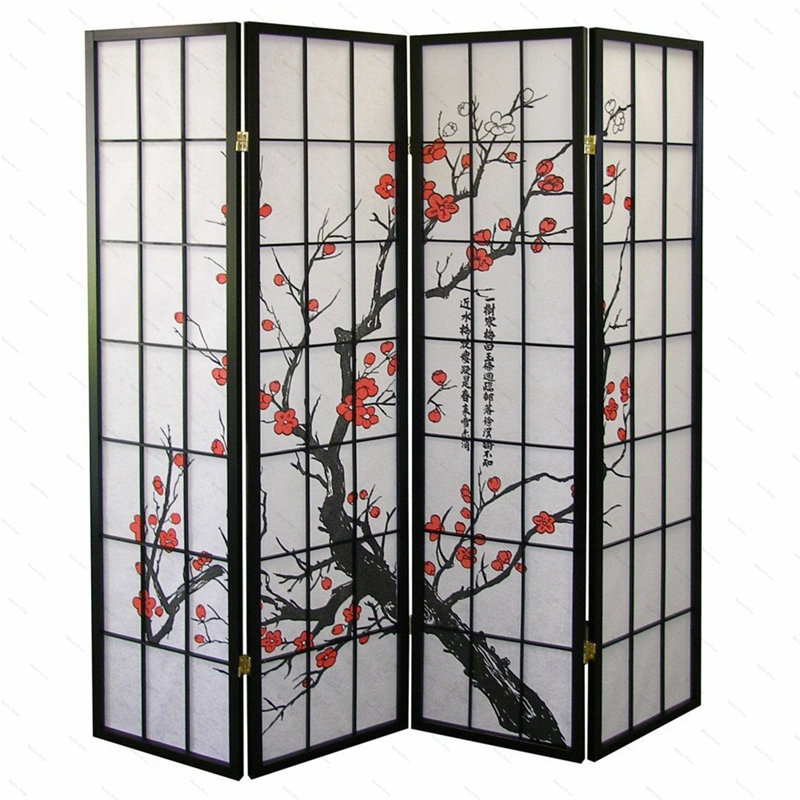 Paravent noir japonais à 4 panneaux, fleur de prunier, H 71 po x l 71 po