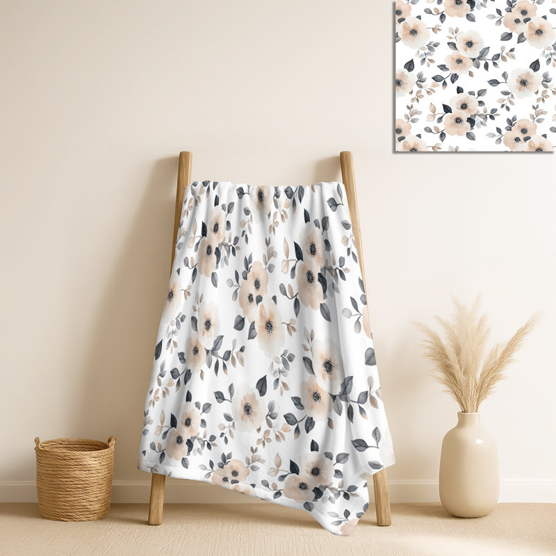 Nomadic Bloom I - Couverture douce florale, jeté en peluche Boho, Motif floral noir