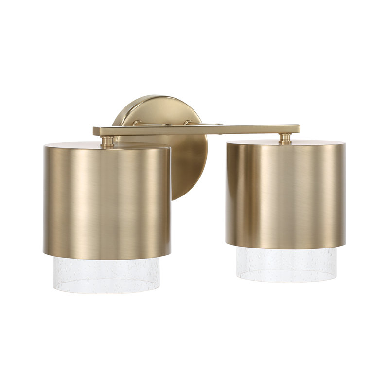 15"W x 8.25"H 2-Light Cylindrical Metal Vanity in Matte Brass with Seeded Glass