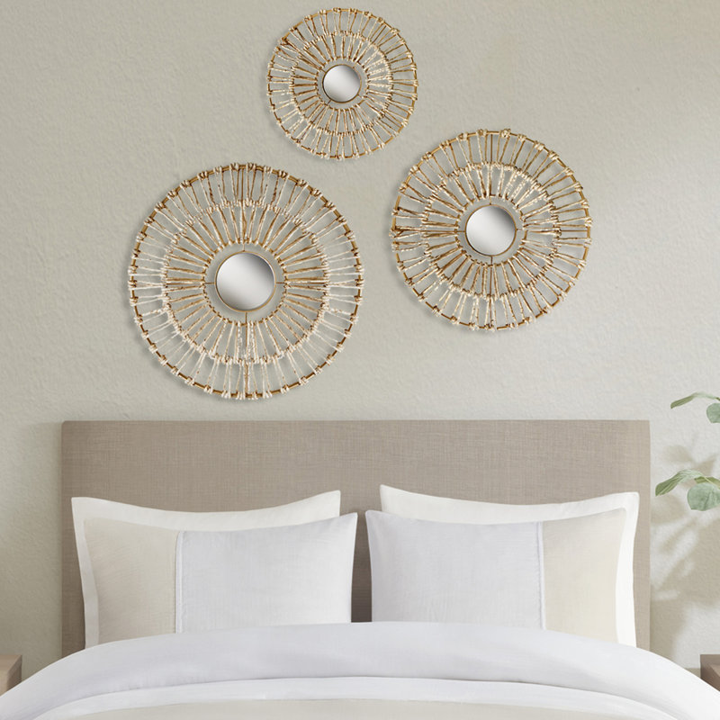 Fibre naturelle et miroir 3 décorations murales - Solutions de décoration pour la maison 20,5 po, 17,25 po, 13,25 po de diamètre combiné avec brou de maïs, élément décoratif avec rond et artisanat, inclus