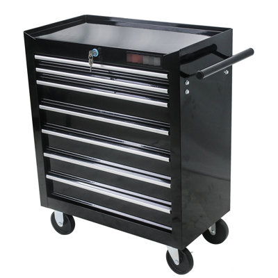 Chariot d'atelier à 7 tiroirs avec roues - noir, armoire verrouillable, glissière à roulement, construction en acier robuste, 4, 2 roulettes noires à 7 outils, fonction, glissières, fabrication, à roues