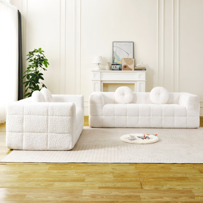 Canapé moderne sans os avec deux coussins décoratifs circulaires, tissu en polyester à poils longs texturé litchi doux pour la peau, canapé en mousse à carreaux