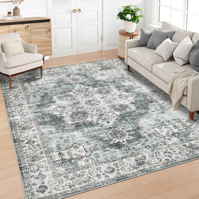 Garvee Vintage Area Rug Floral Print Indoor Mat with Non-Slip Backing, Washable Distressed Accent Carpet, Oriental Medallion Low Pile Floor Cover for Bedroom, Kitchen, Laundry