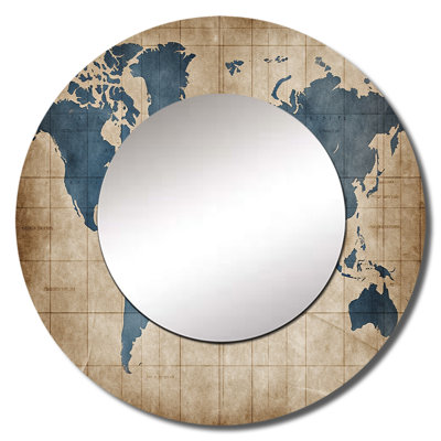 Shaneya Ancient Map of The World II - World Map Decorative Wall Mirror, Modern Large Round Mirror, Printed Metal Art