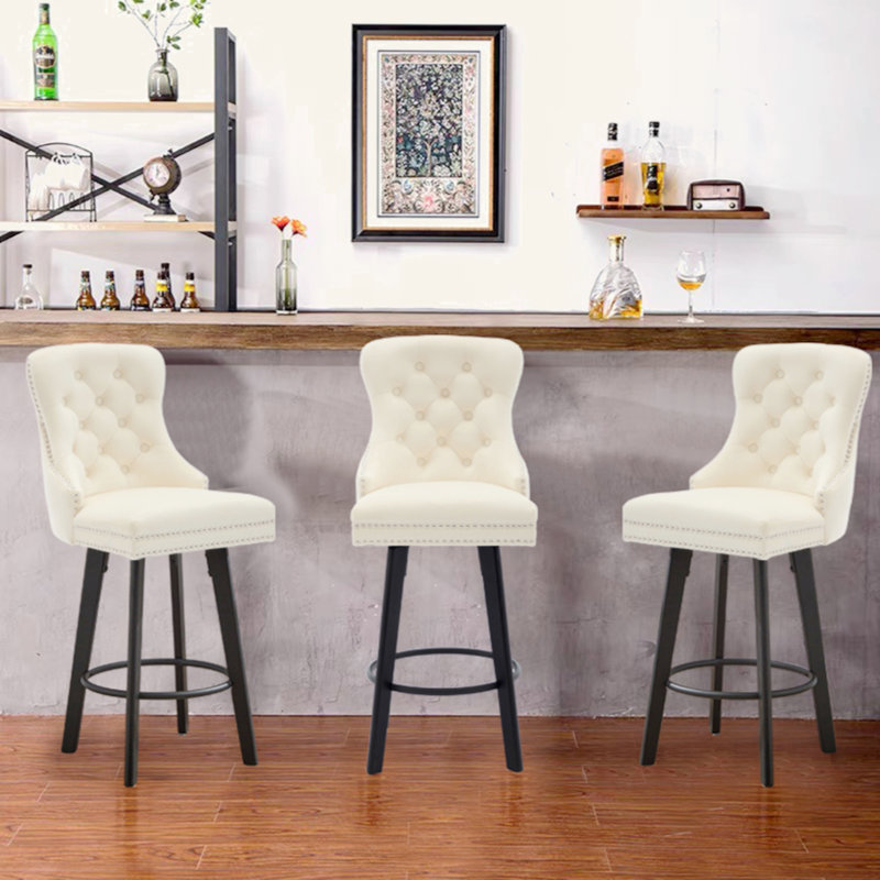 Modern  Swivel Bar Stools Velvet Barstools Button Tufted Bar Stools Rivet Trim Bar Stools for Kitchen Island,Bistro, with Metal Pull Ring Sturdy Footrest Large Backrest for Home Bar