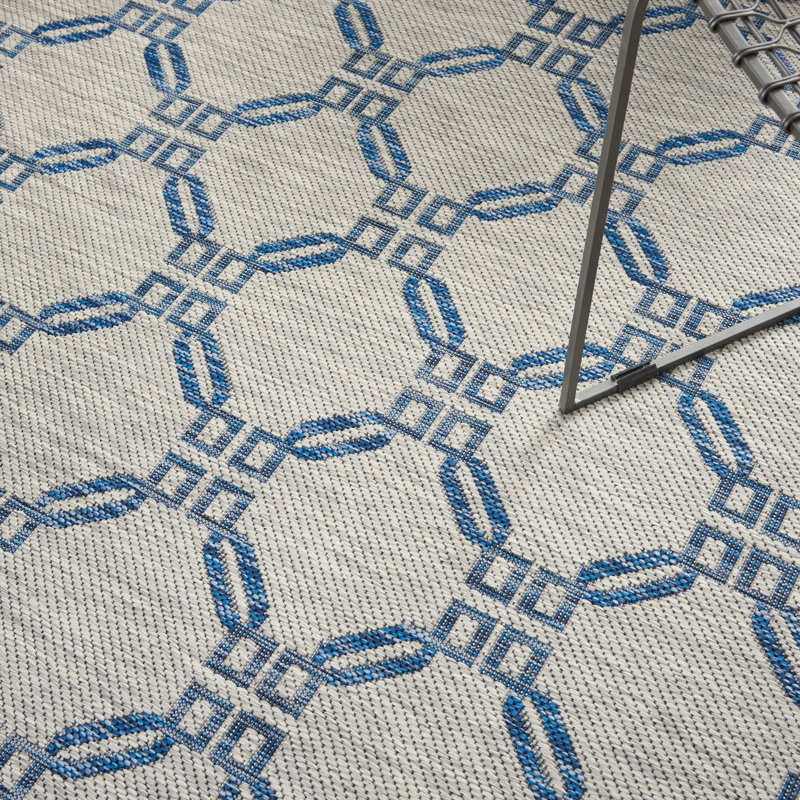 Tapis intérieur / extérieur géométrique ivoire / bleu Quinata, Rond 5 pi 3 po