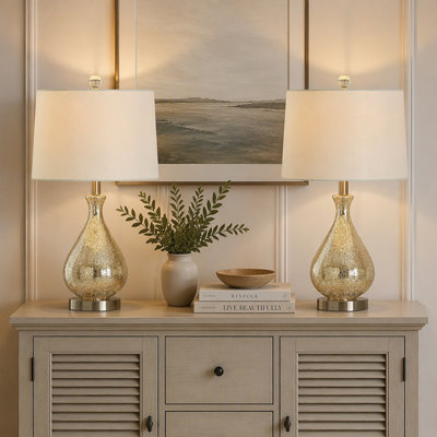 23" Modern Table Lamp with Clear Water Glass, White Linen Shade & Polished Nickel Base, Set of 2 (Bulbs Not Included)