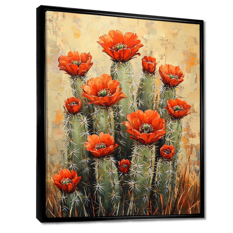 Martesha cactus en pleine floraison - art mural grand cactus, H 32 po x l 16 po, Reproduction avec cadre flottant, Noir