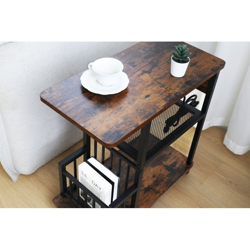 Brown Particle Board and Iron Side Table with USB Ports and Storage