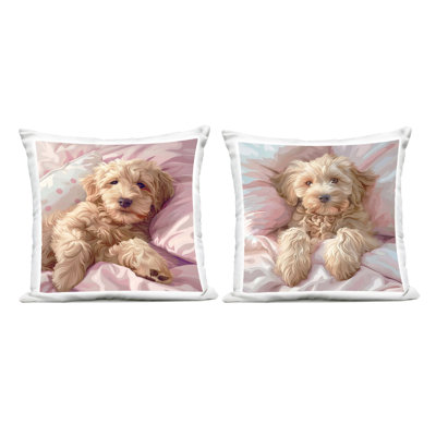 Stupell Industries Cuddling Labradoodle in Bed Design by Jim Baldwin Outdoor Printed Pillow (Set of 2)