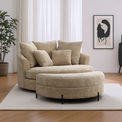 59.5" W Oversized Slipcovered Upholstered Accent Barrel Chair With Ottoman