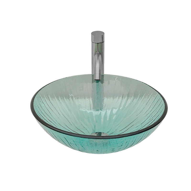 Artistic Vertical-Textured Glass Vessel Bathroom Sink With Pop-Up Drain, Tempered Green Basin With Black Trim Round Bowl (No Faucet)
