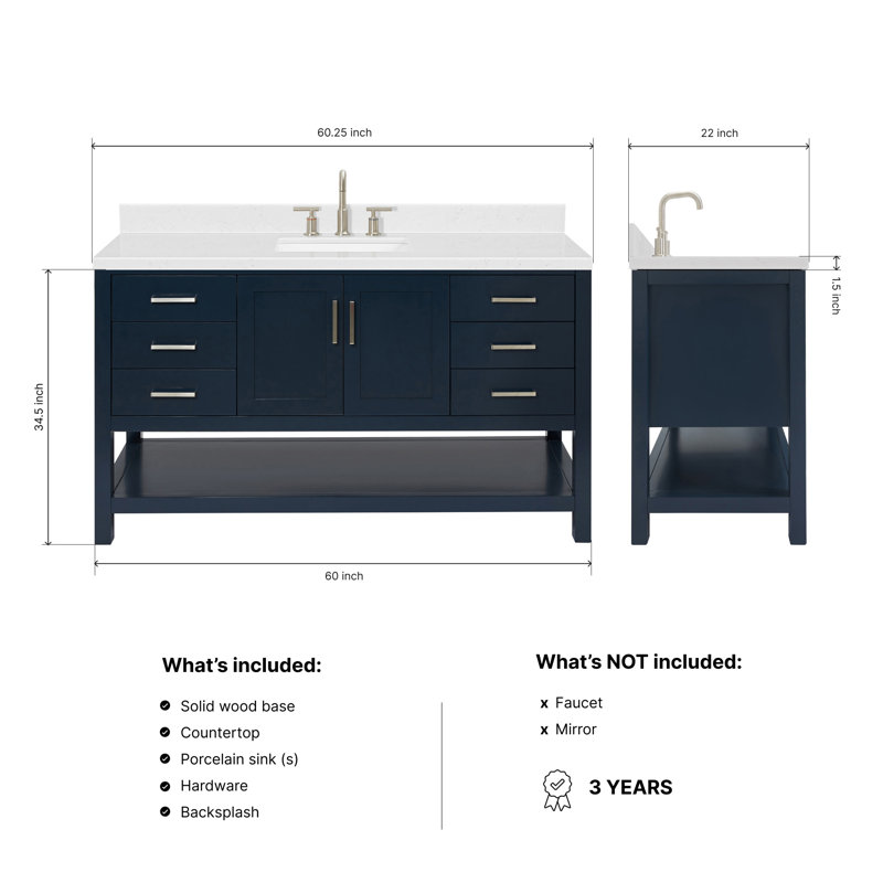 ARIEL Magnolia 60 Single Sink Bathroom Vanity with Top, Midnight Blue, Rectangular