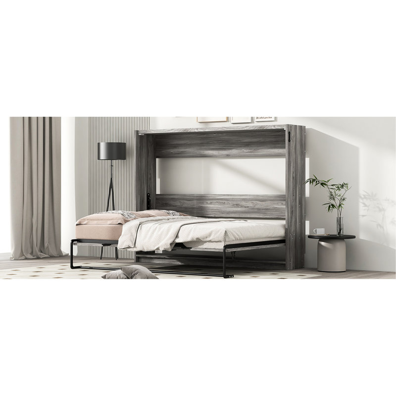 Lit double gris se transformant en armoire, solution peu encombrante avec des lattes de pin, une structure en métal, un assemblage facile et une structure stable