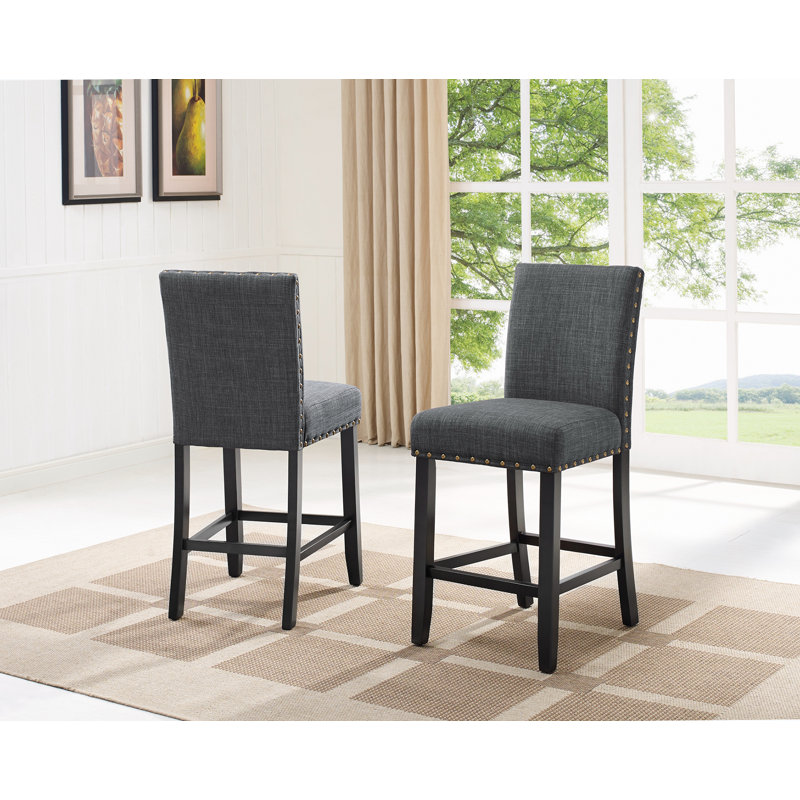Carliana Fabric Counter Height Stools with Nailhead Trim, Set of 2, Gray, Bar Stool (29" Seat Height)