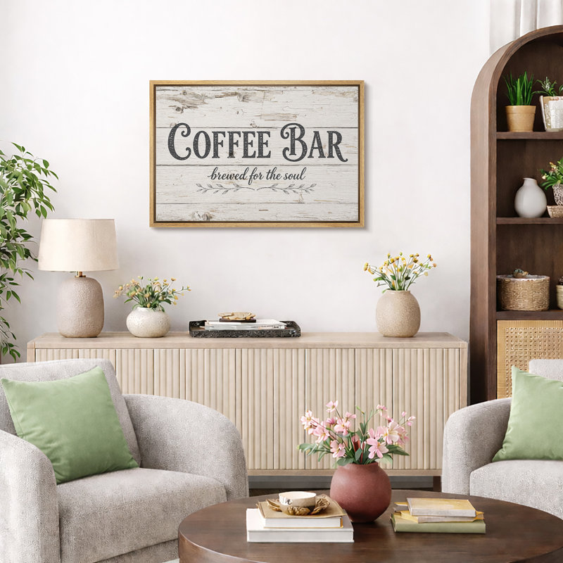 «Rustic Coffee Bar», typographie, images de cuisine, impression sur toile encadrée, Beige, Cadre naturel