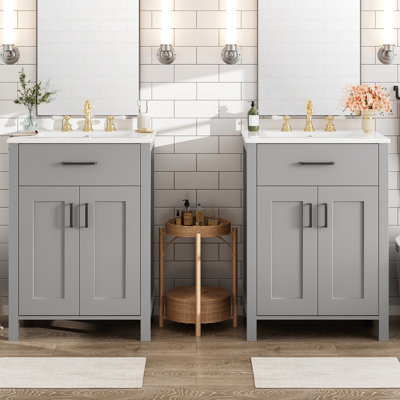 Meuble-lavabo autoportant de 48 pouces avec deux lavabos en céramique, des panneaux et des poignées élégantes pour votre salle de bain moderne avec lavabo, fermeture en douceur, tablettes réglables