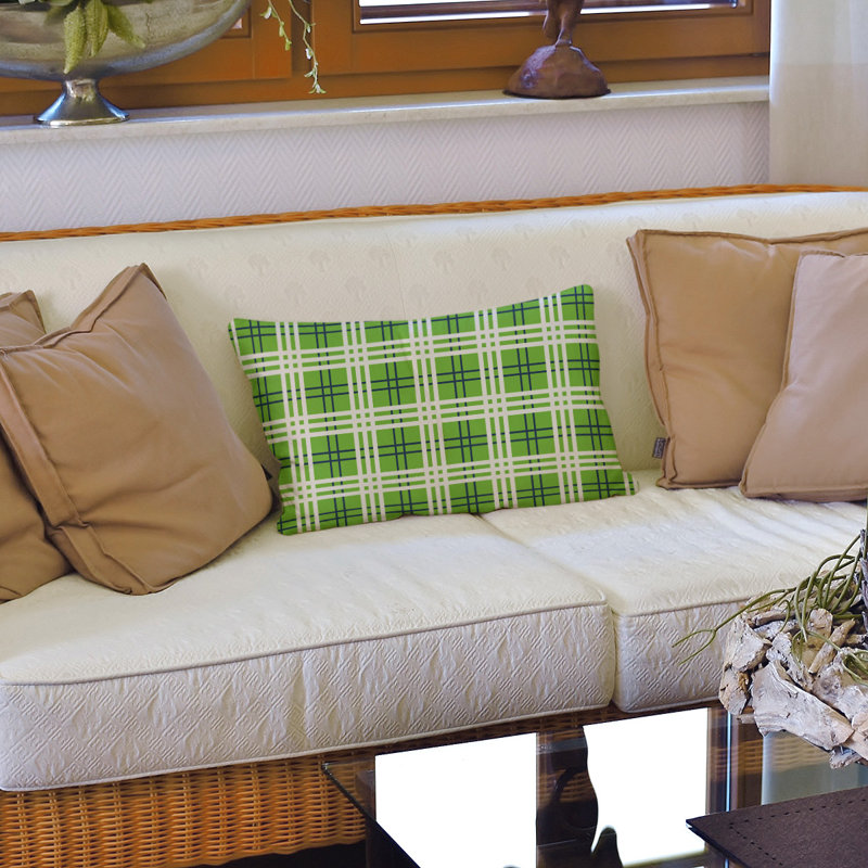 Plaid Leather/Suede Reversible Throw Pillow, Action Green/College Navy/White, Spun Polyester